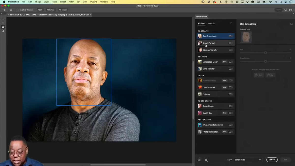 Neural Filters panel open with Smart Portrait filter toggled on