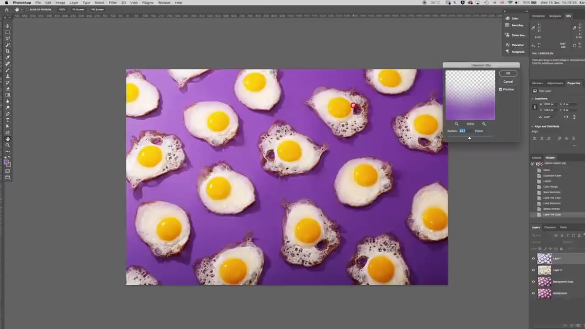 Gaussian Blur dialog with 34-pixel radius applied to background