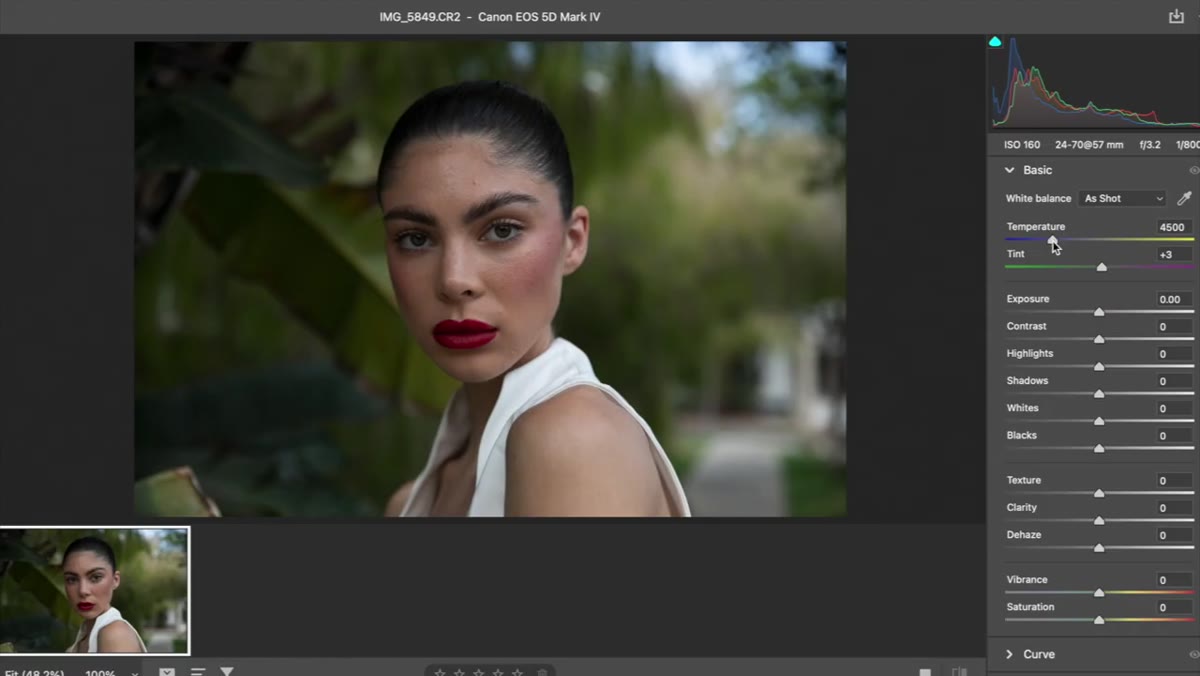 Camera Raw interface open with portrait loaded