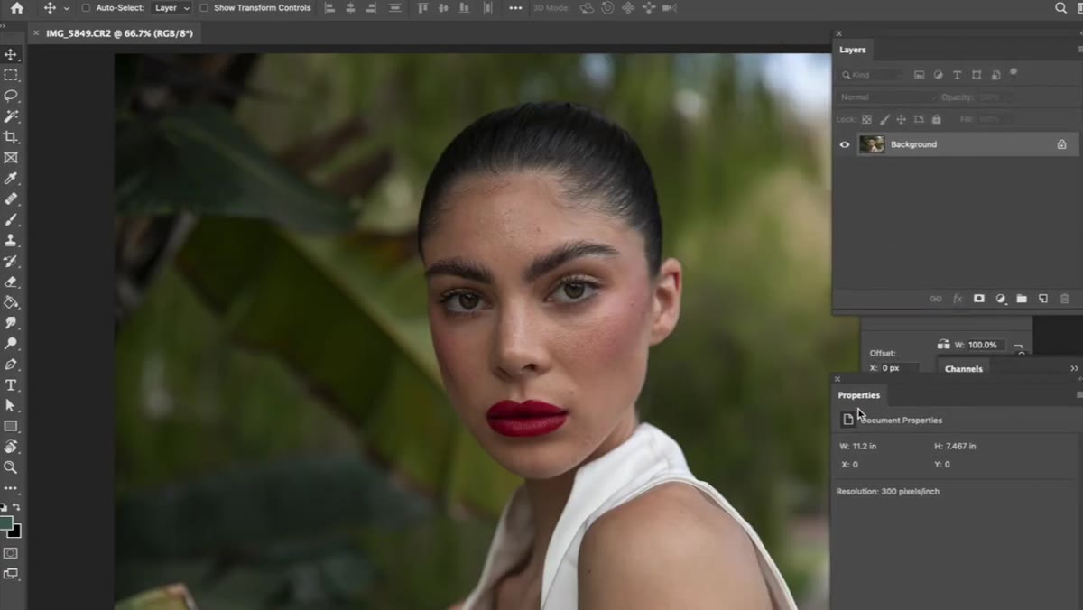Retouching tools active on skin area in Photoshop