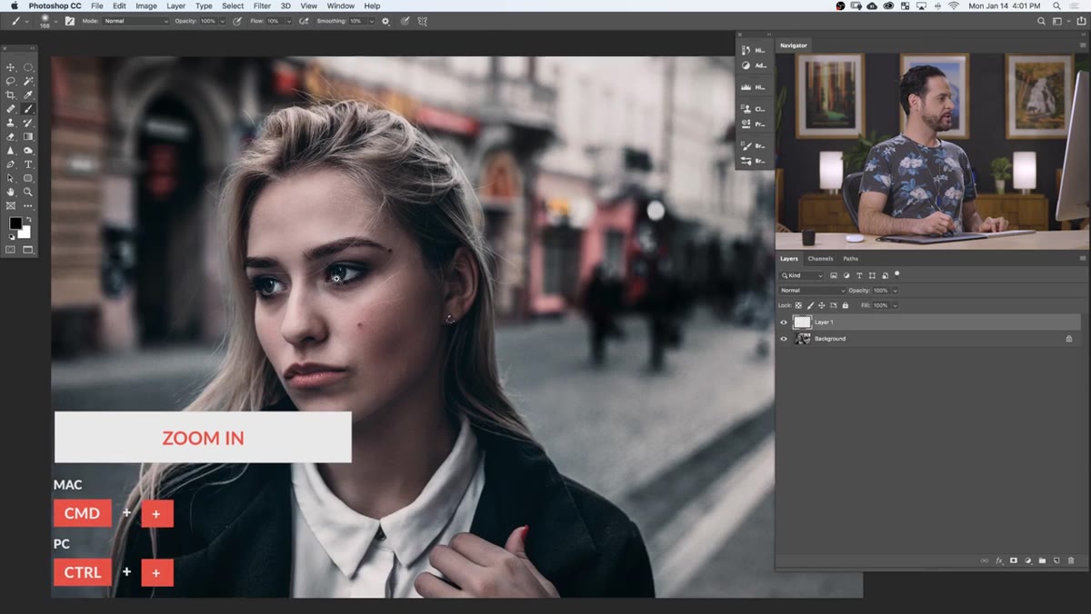 Spot Healing Brush selected, new blank layer active in Layers panel