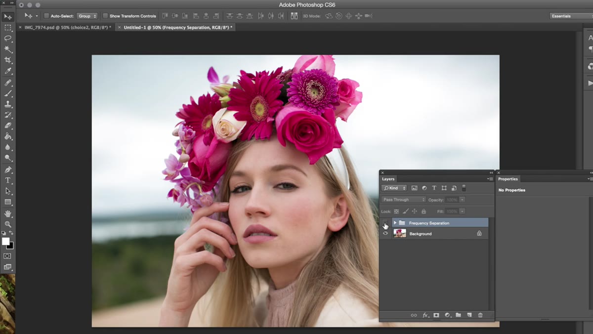 Before and after comparison of the retouched portrait in Photoshop