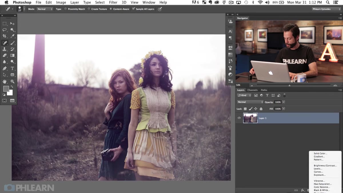 Color Balance adjustment layer panel open, Midtones selected