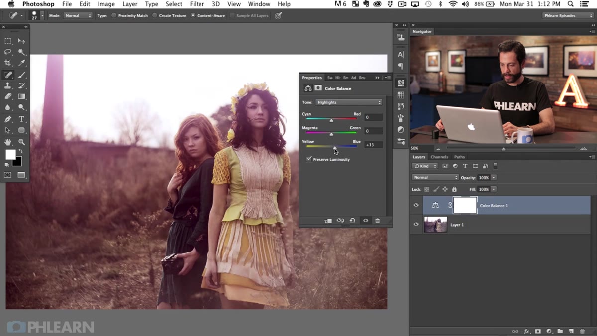 Color Balance panel on Highlights tab, sliders pushed toward cyan and blue