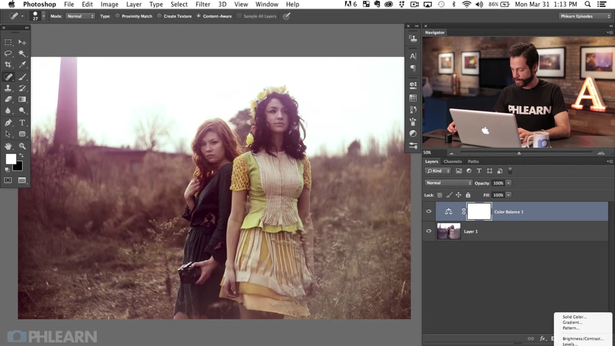 Hue Saturation panel open, Yellows channel selected from dropdown