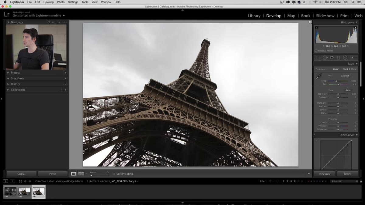 Lightroom develop module with before and after virtual copy