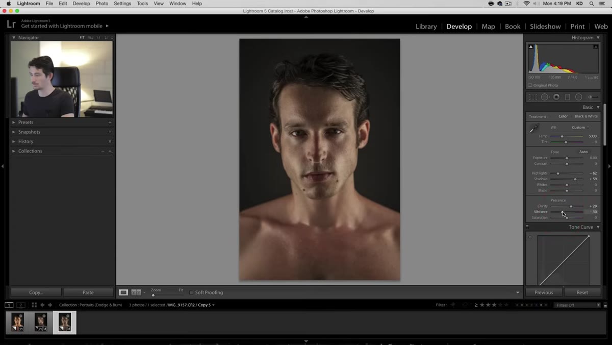 Vibrance slider pulled to minus 30 in Basic panel