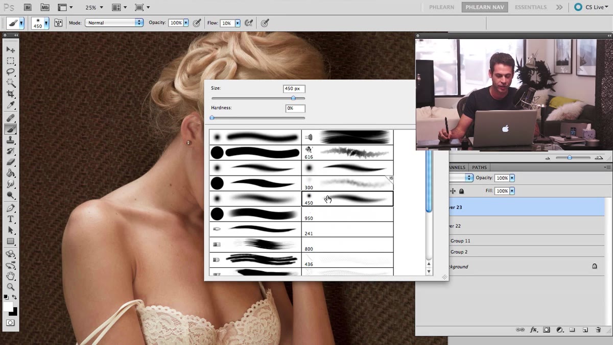 Brush settings panel open showing Shape Dynamics and Transfer options