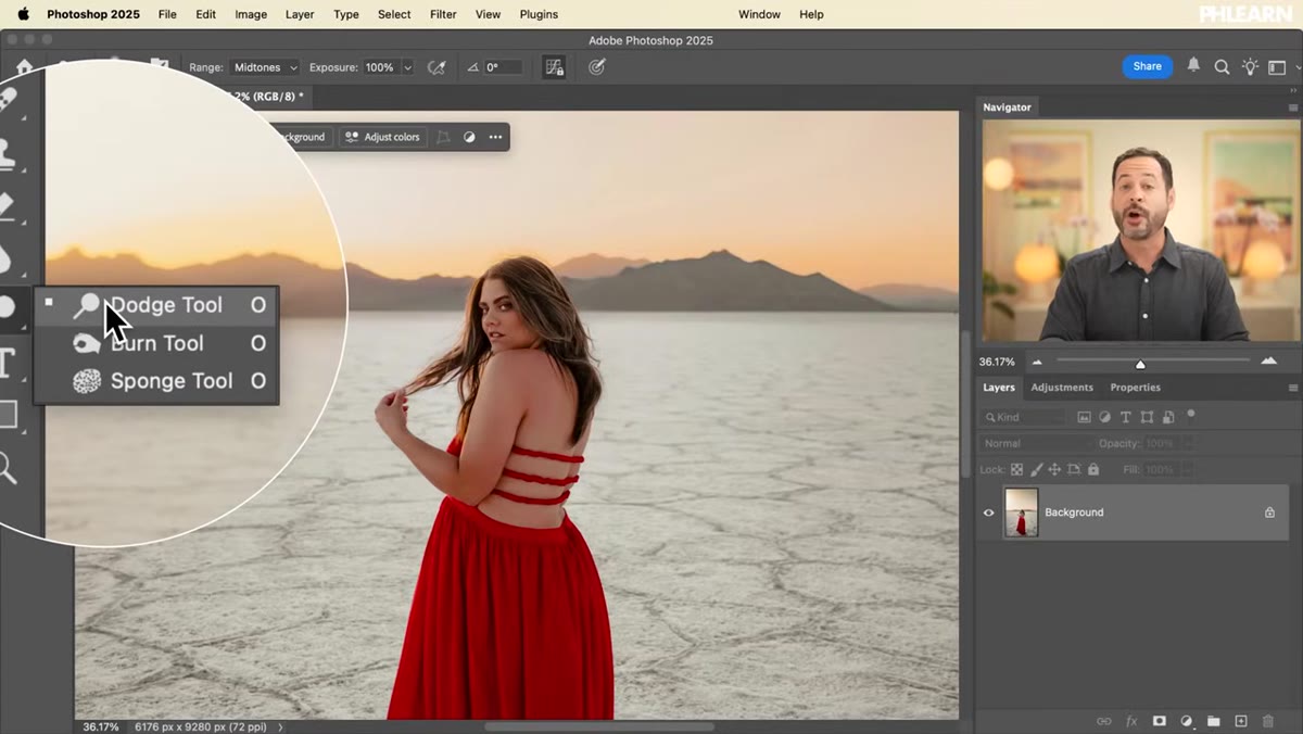 Dodge and burn tools highlighted in the Photoshop toolbar