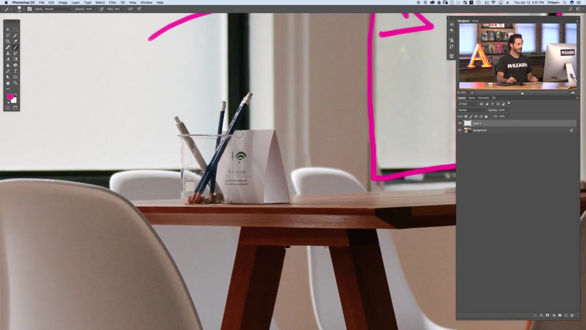 caption: Items on table circled including WiFi sign and pencils