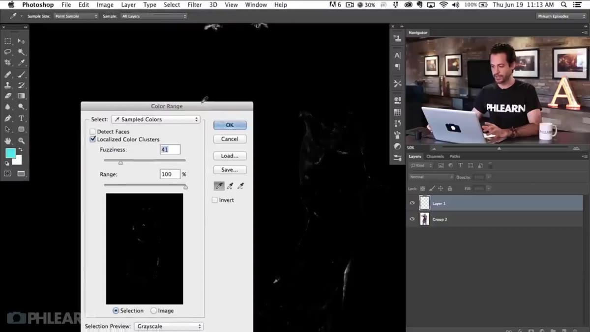 Color Range dialog open with eyedropper on red skin area