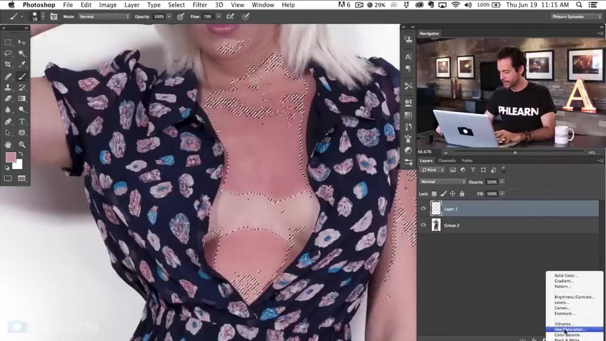 Hue Saturation adjustment layer being added with active selection