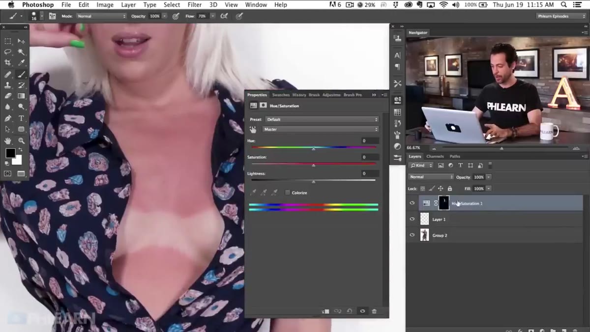 Hue Saturation sliders being adjusted on the masked layer