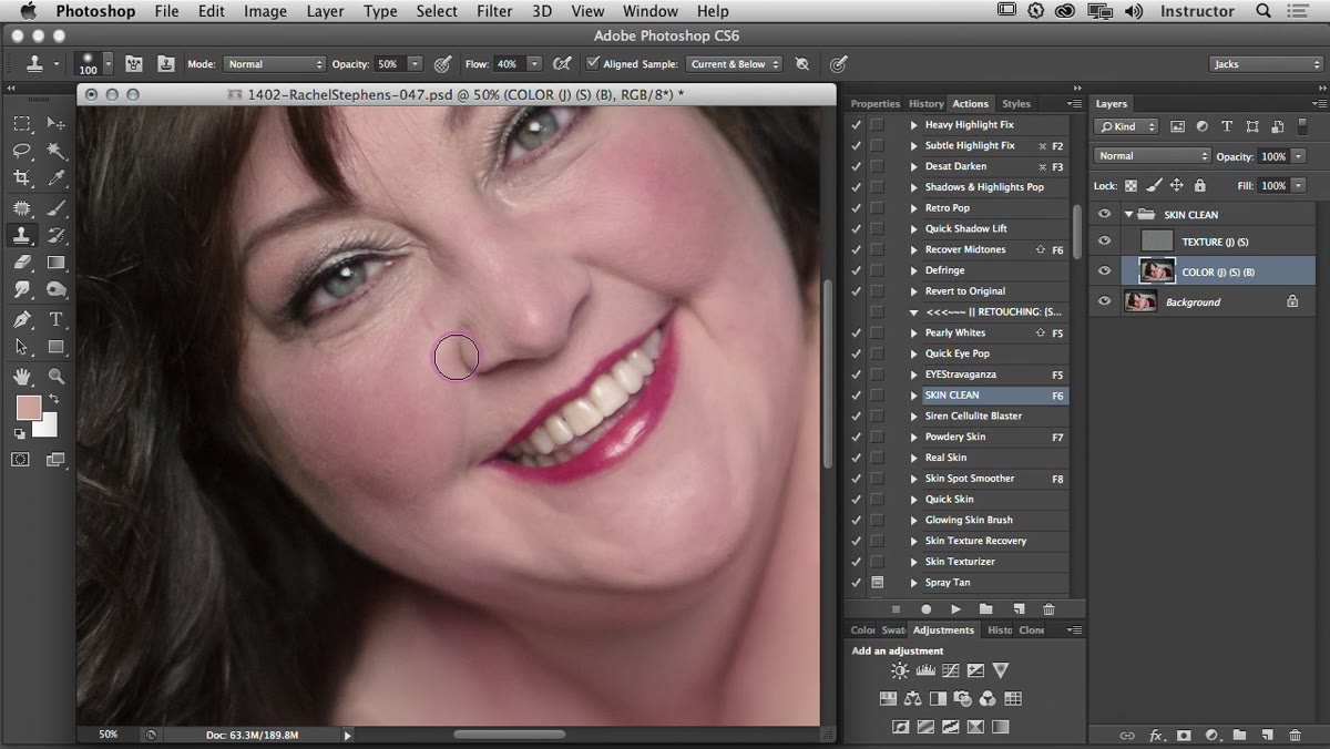 Healing brush active on color layer, texture layer untouched above