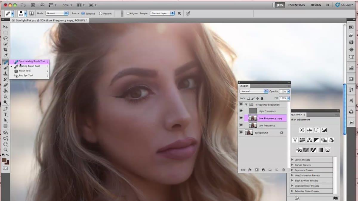 Healing brush tool selected, cursor near the subject&rsquo;s under-eye area