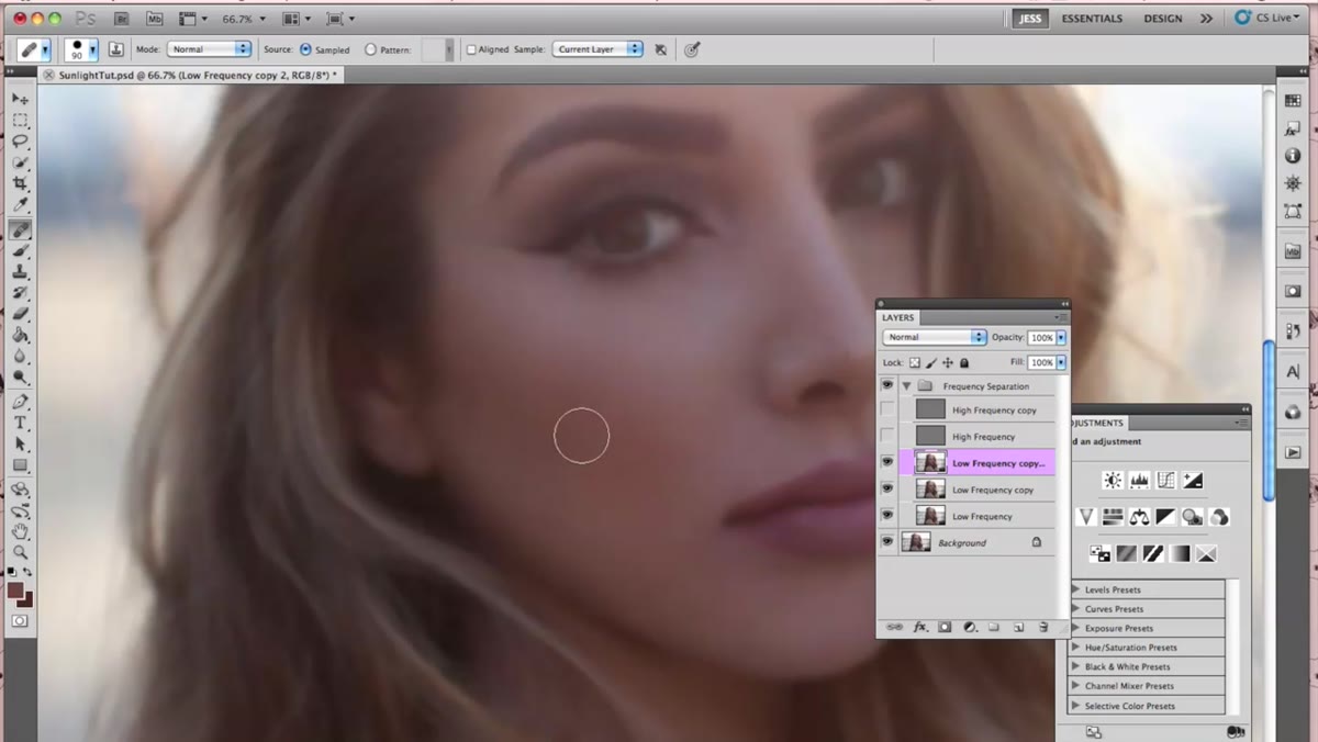 High frequency layer hidden, revealing uneven color patches on cheek area