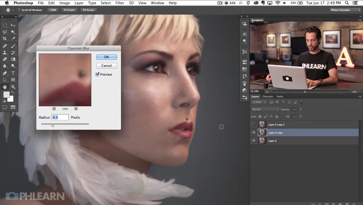 Gaussian Blur dialog open with radius slider adjusted