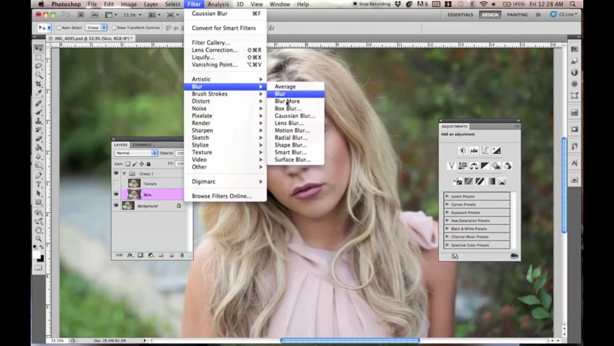 Gaussian Blur dialog open with radius around 9 pixels
