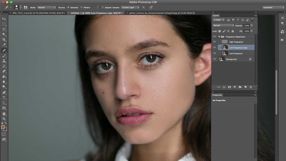 Close-up of skin being retouched with visible texture preserved