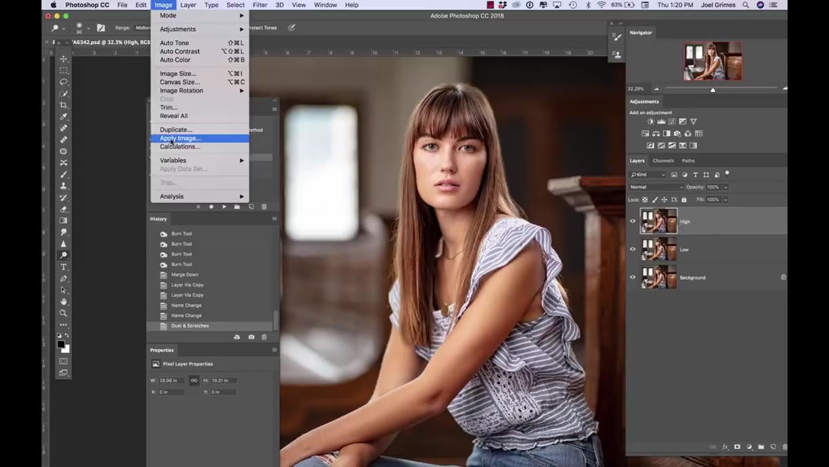 Apply Image dialog box open with Subtract blending mode selected