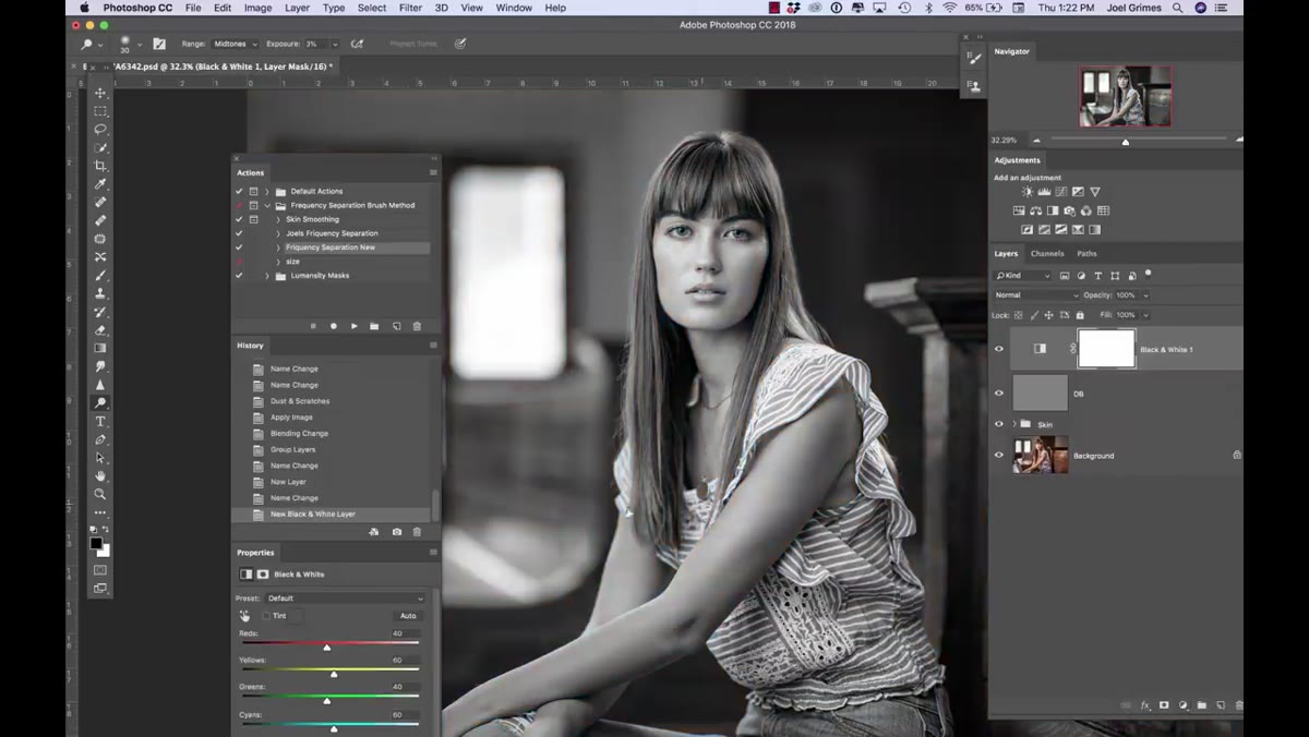 Black and white adjustment layer applied over the full layer stack
