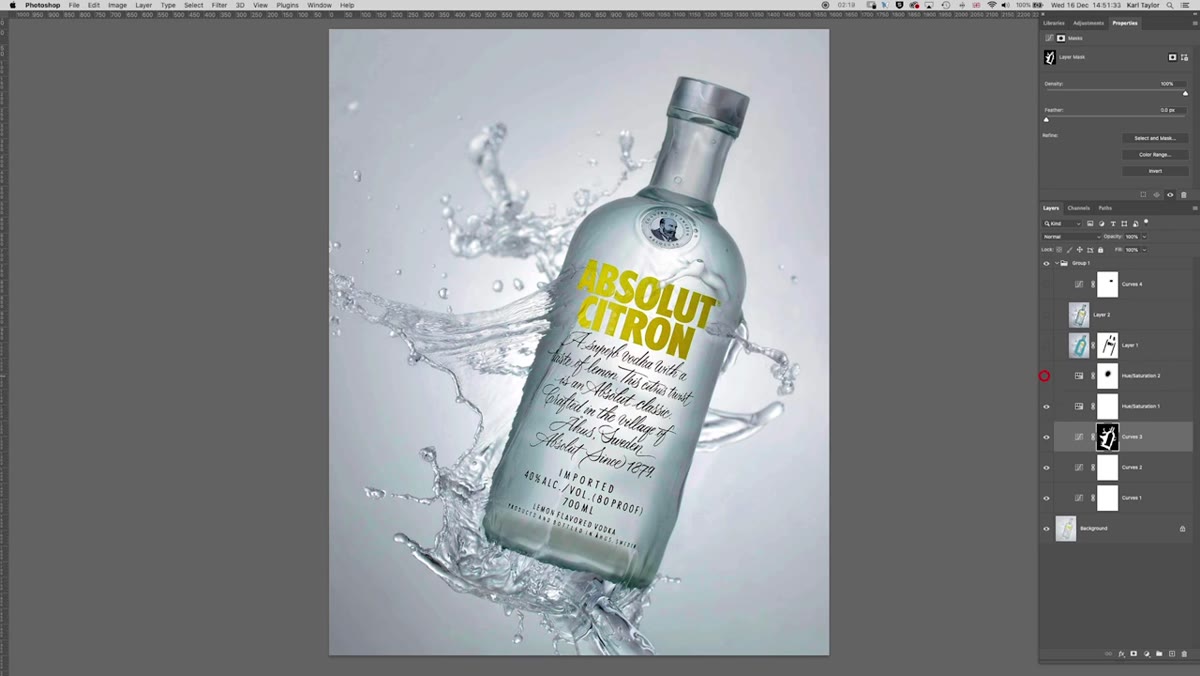 Hue/Saturation adjustment panel open targeting the bottle label