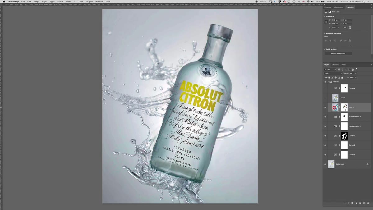 Blue paint layer set to Color blend mode over the bottle