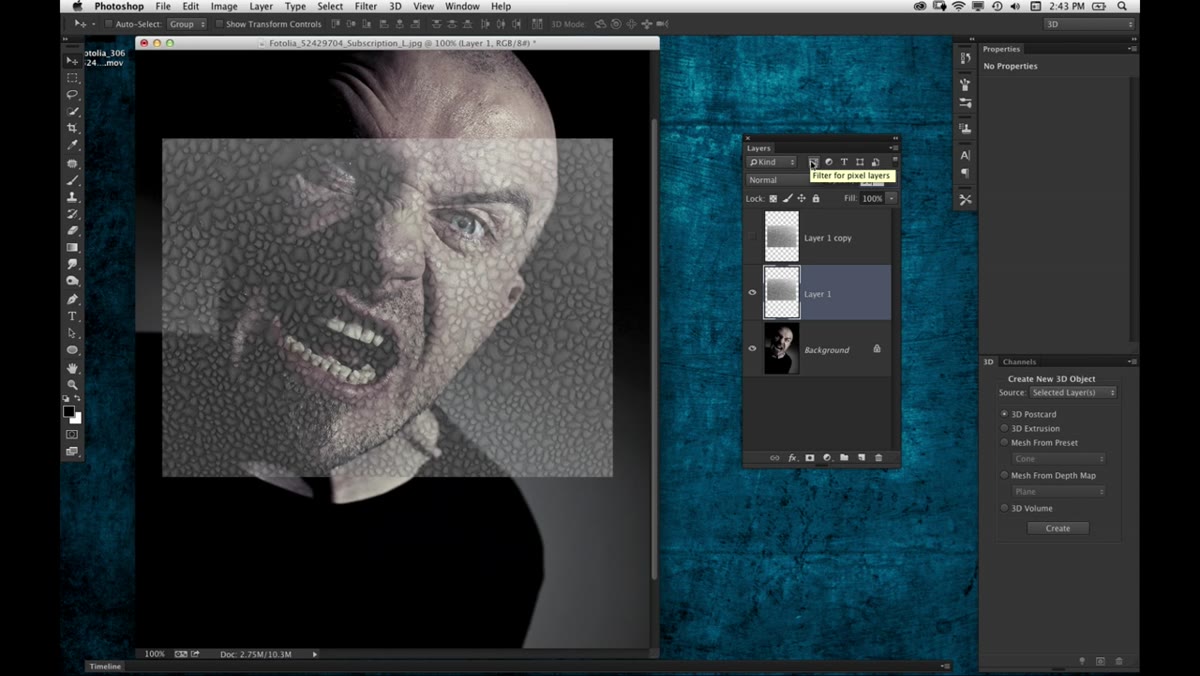 Texture layer at 50% opacity revealing face beneath