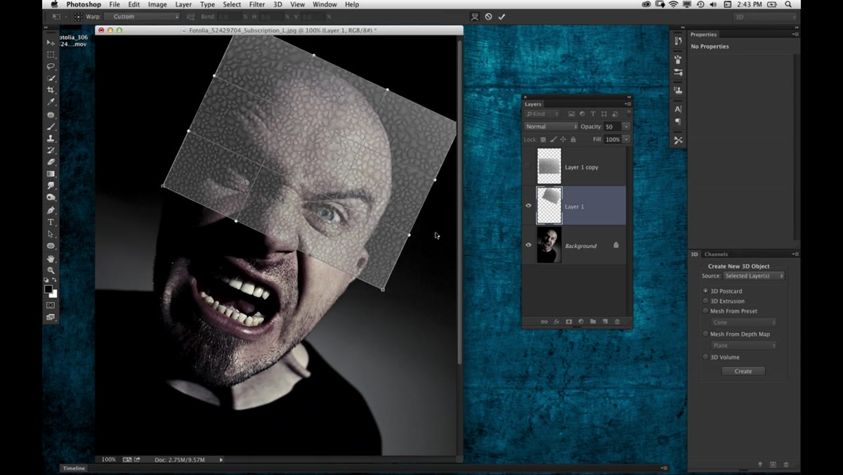 Warp grid applied to texture layer on forehead area