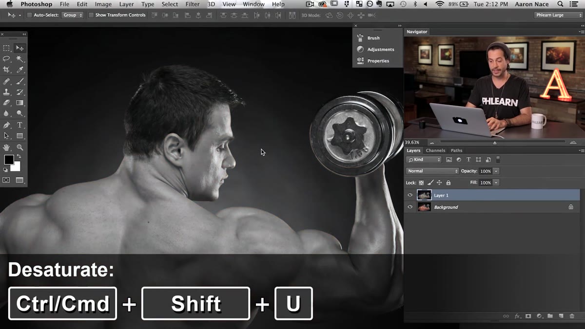 Desaturated layer shown in Photoshop, grey tones visible