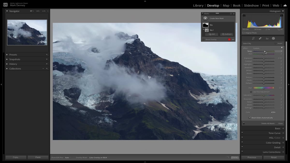 Exposure and highlight sliders being adjusted within the sky mask