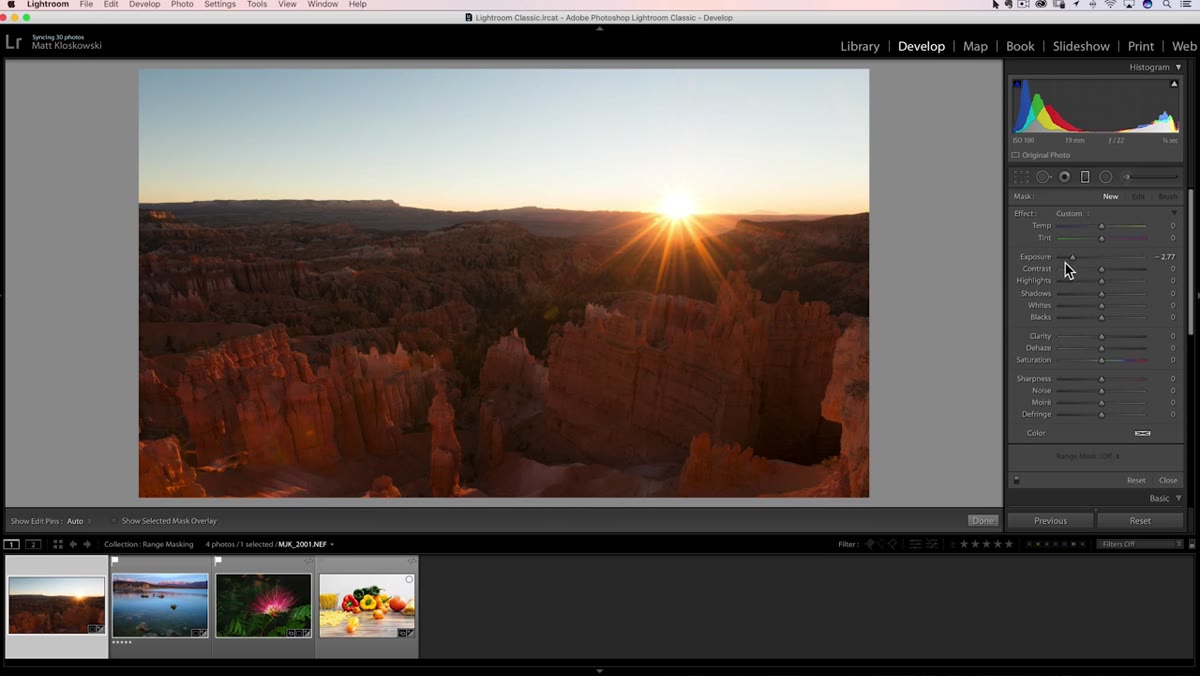 Graduated filter dragged across image, exposure pulled down