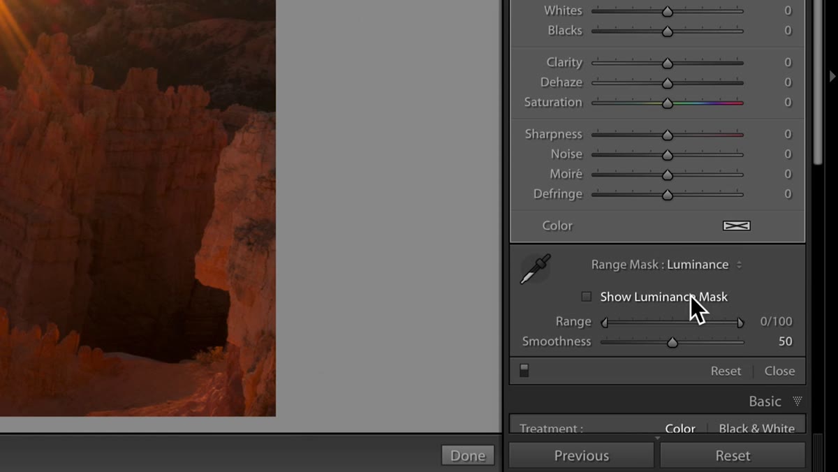 Range Mask dropdown at bottom of panel, set to Luminance