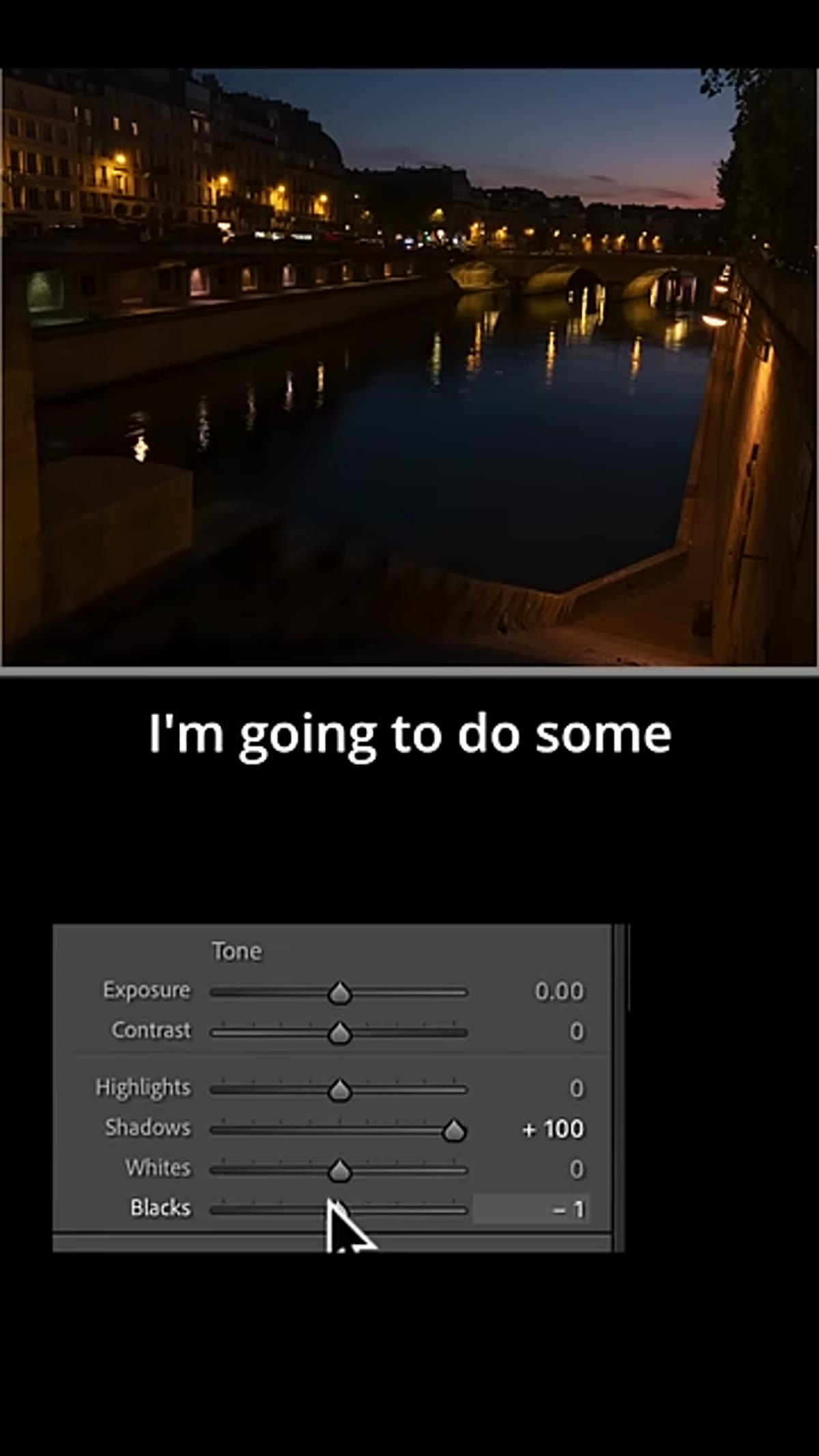 Shadows and blacks sliders being pulled open in Lightroom