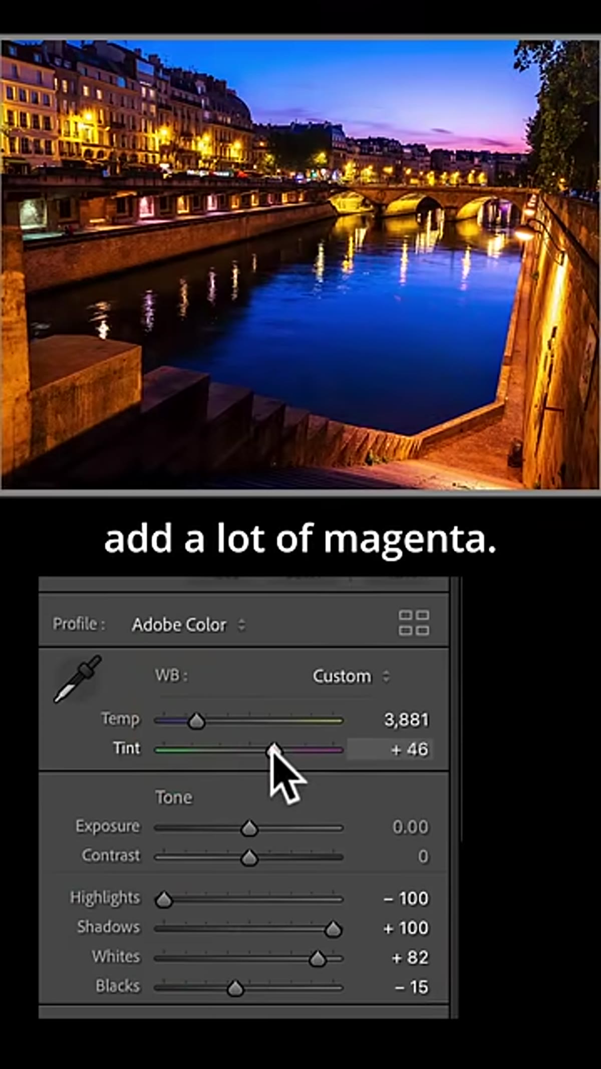 Tint slider being pushed toward magenta in the color panel