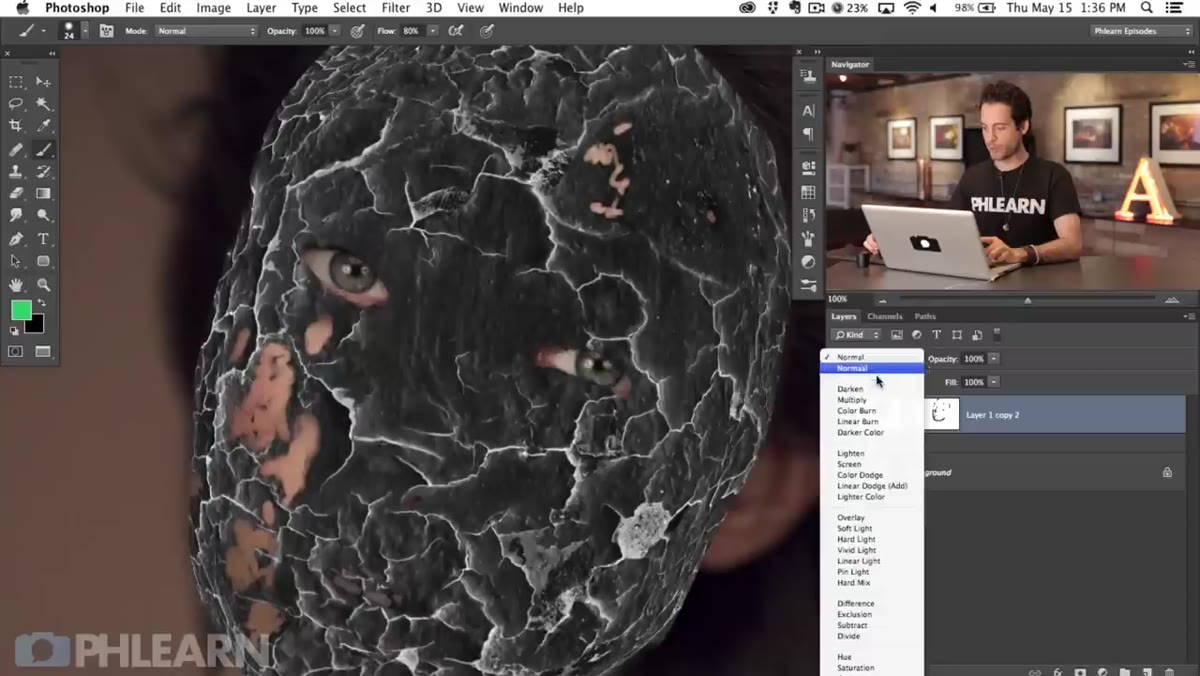 Blend mode dropdown showing new blend mode selection on inverted layer