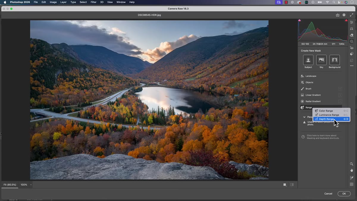 Depth Range option selected in the masking panel