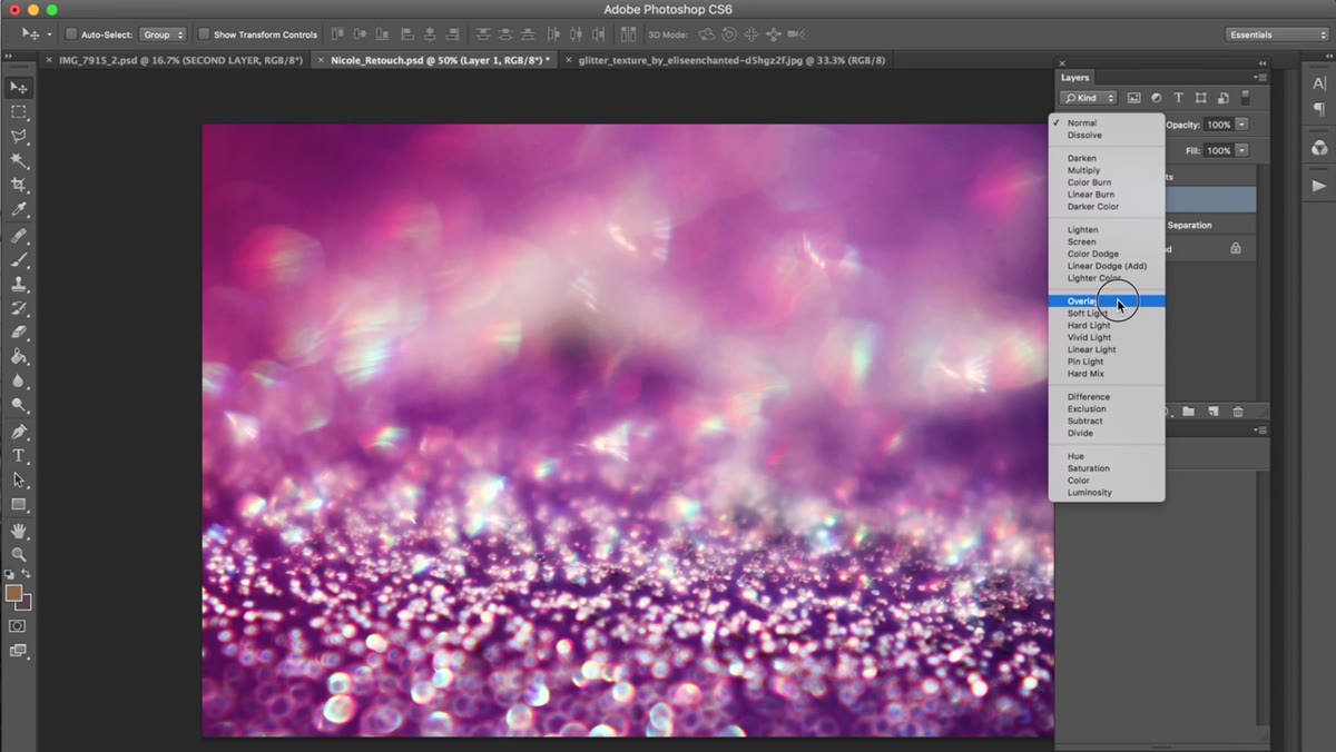 Blend mode dropdown open with Screen selected on the texture layer