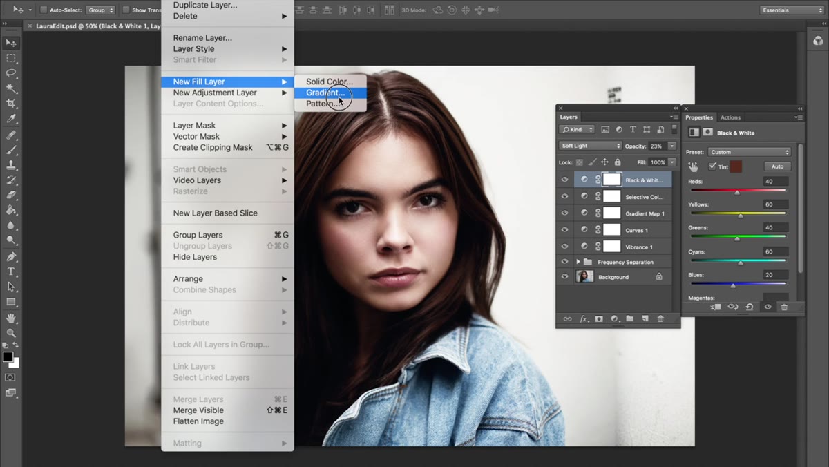 New Fill Layer menu with Gradient option highlighted