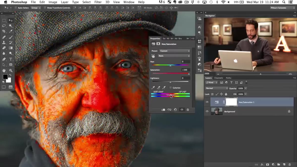 Color range selection being dragged left along the hue spectrum