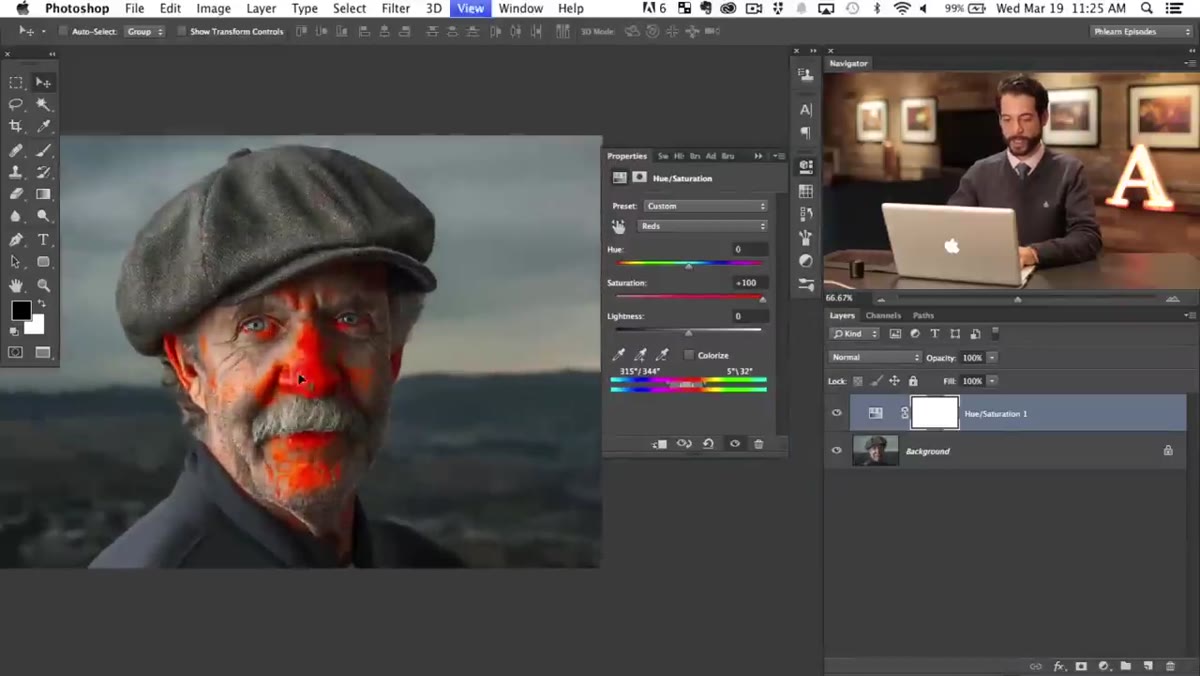 Saturation slider returned to normal, Hue slider being adjusted slightly