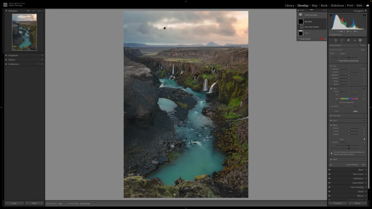 Linear gradient drawn across foreground of landscape image