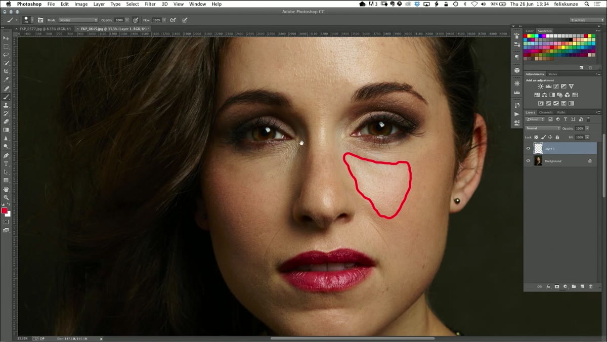 Red brush circles drawn over flash burn areas on the image