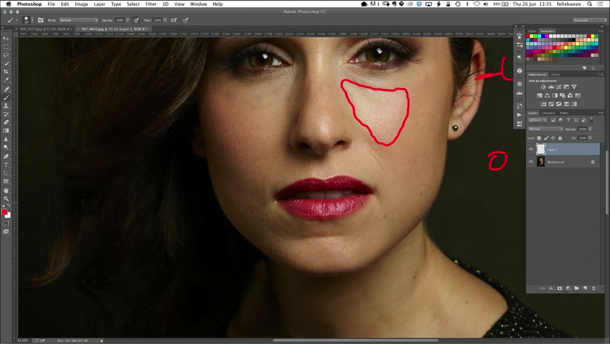 Small circles marking highlight irregularities along the cheekbone area