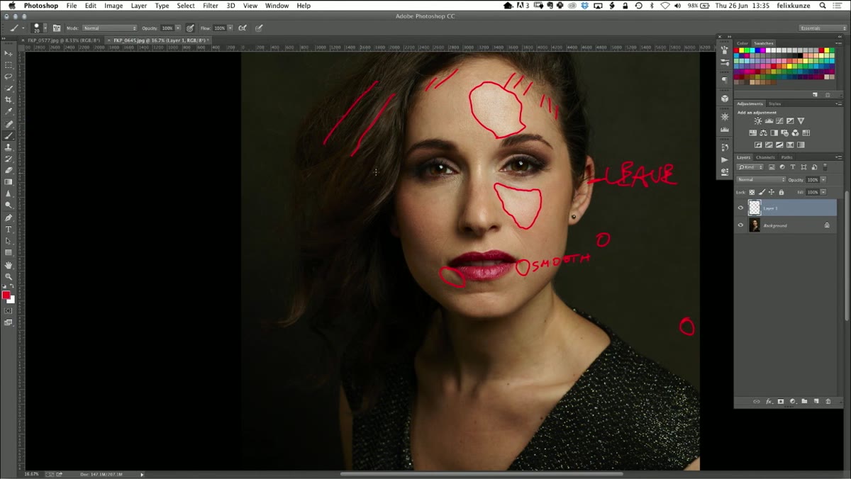 Written annotation requesting more definition added to hair highlights
