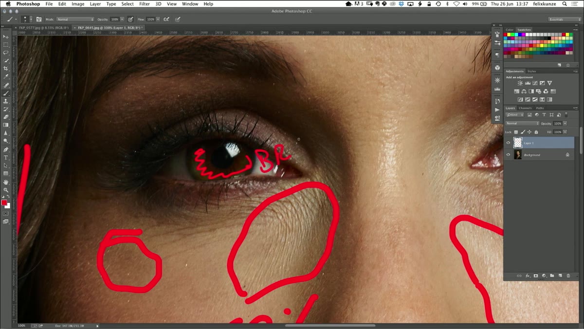 Small brush marks on the iris with a note to brighten and add pop