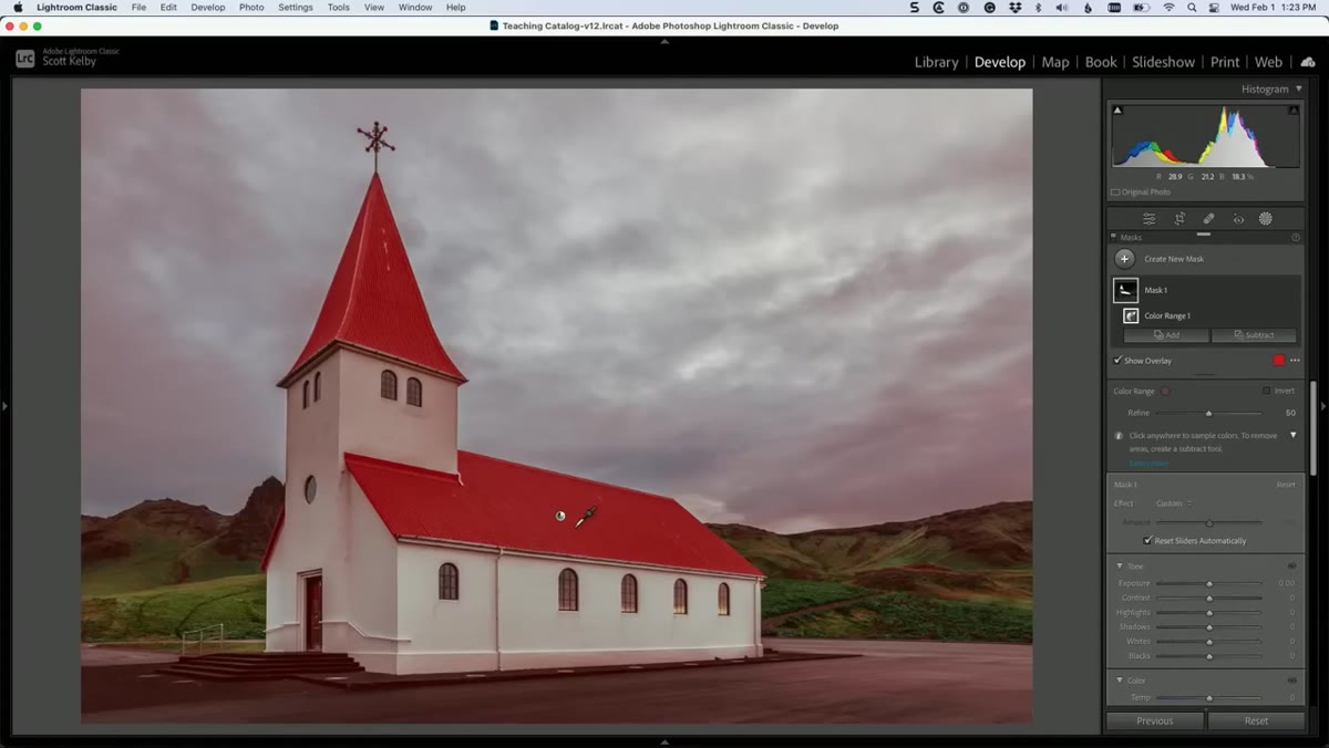 Mask overlay showing roof selected plus unwanted sky and parking lot areas