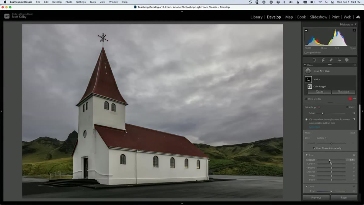 Lightroom adjustment panel with mask active over isolated roof area