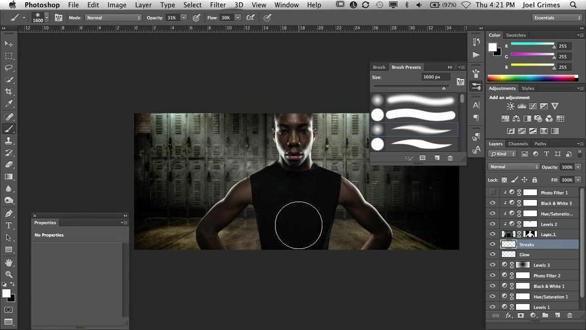 Single pressure-sensitive brush stroke tapering from top to bottom
