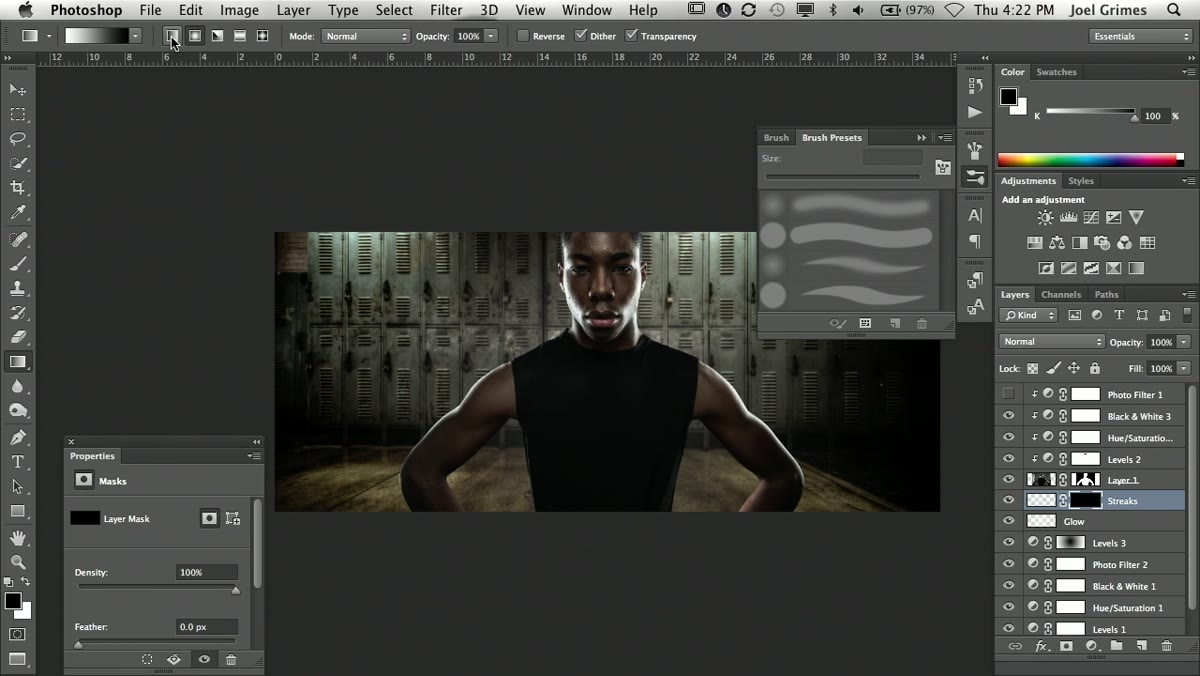 Gradient tool dragged across black mask revealing tapered light